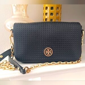 Tory Burch black perforated Robinson crossbody/shoulder bag